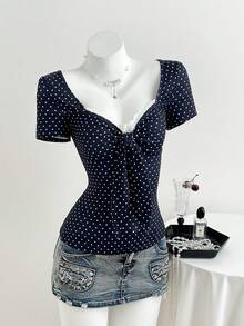 Elamini 女士藏蓝色波点扭结V领短袖T恤，百搭新款式，春秋季