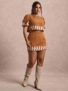 Freevana 大码度假休闲撞色印花衬衫和半裙两件套 - 棕色 - 查看 4