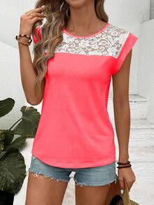 SHEIN LUNE Áo thun nữ cổ tròn tay ngắn phối ren tương phản, kiểu dáng thanh lịch, thời trang. - Đỏ - Xem 4