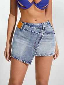 Jeanoix Women's Casual Fashion Street Style Overlap Waist Asymmetrical Hem Washed Denim Mini Skirt, Summer - Blue - View 3
