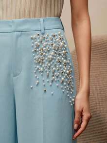 Anewsta Women's Modern Fashion Faux Pearl Embellished Suit Pants For Commuting - Baby Blue - View 2