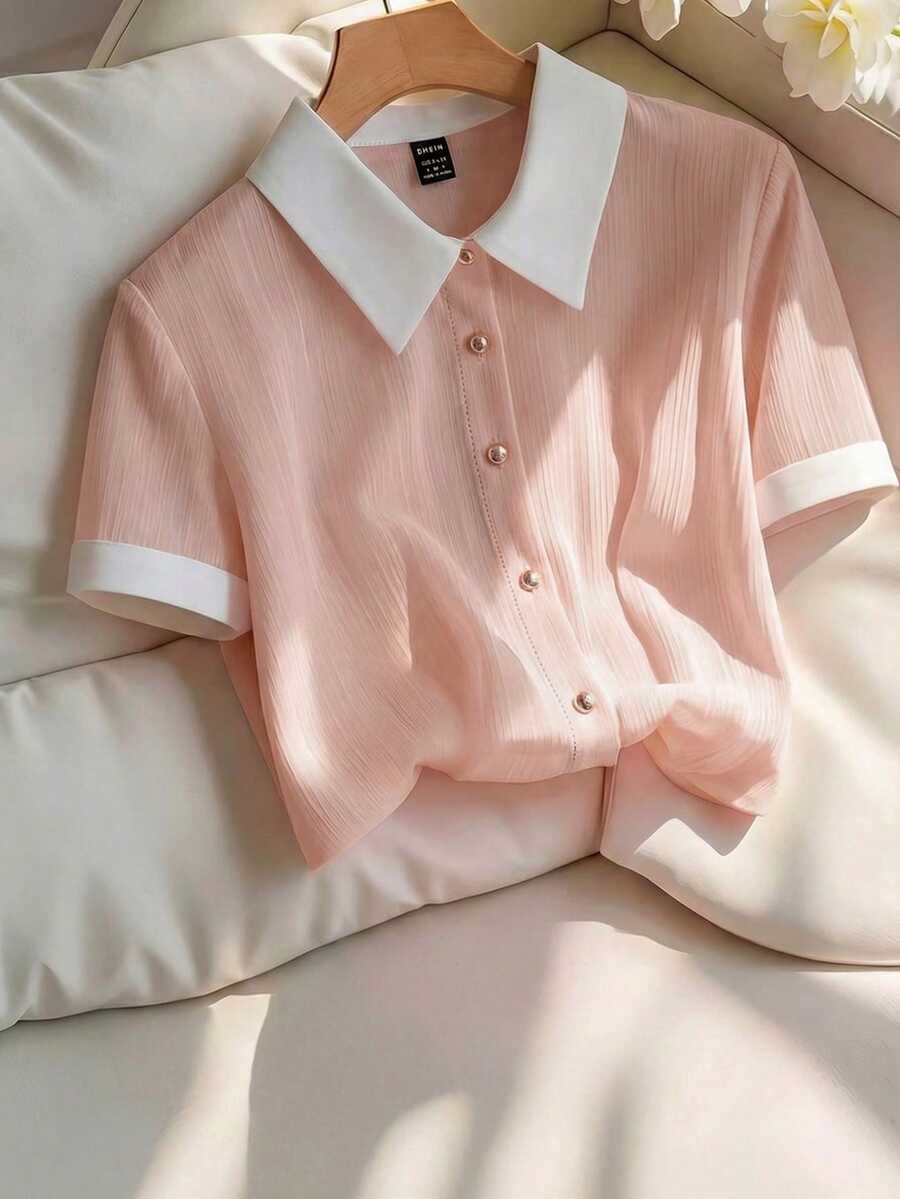 Franclia 女士优雅粉色雪纺褶皱白色领宽松短袖衬衫 - 粉色 - 查看 1