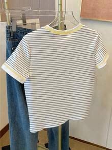 Resyla 女士休闲柠檬刺绣条纹圆领短袖T恤，夏季 - 白色 - 查看 2