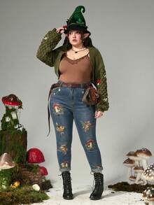 ROMWE Fairycore 大码女式深色蘑菇植物刺绣卷边七分牛仔裤 - 中等水洗藍 - 查看 5