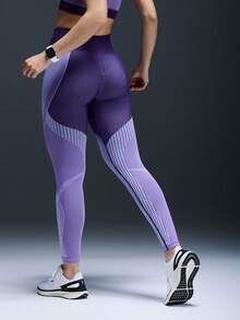 Powerista Damskie legginsy modelujące z wysokim stanem i nadrukiem w bloki kolorów - Fioletowy - Zobacz 3