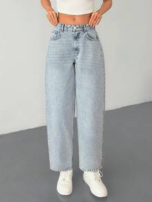 Women's Pocketed Embroidered Casual Loose Fit Flared Jeans - Light Wash - View 4