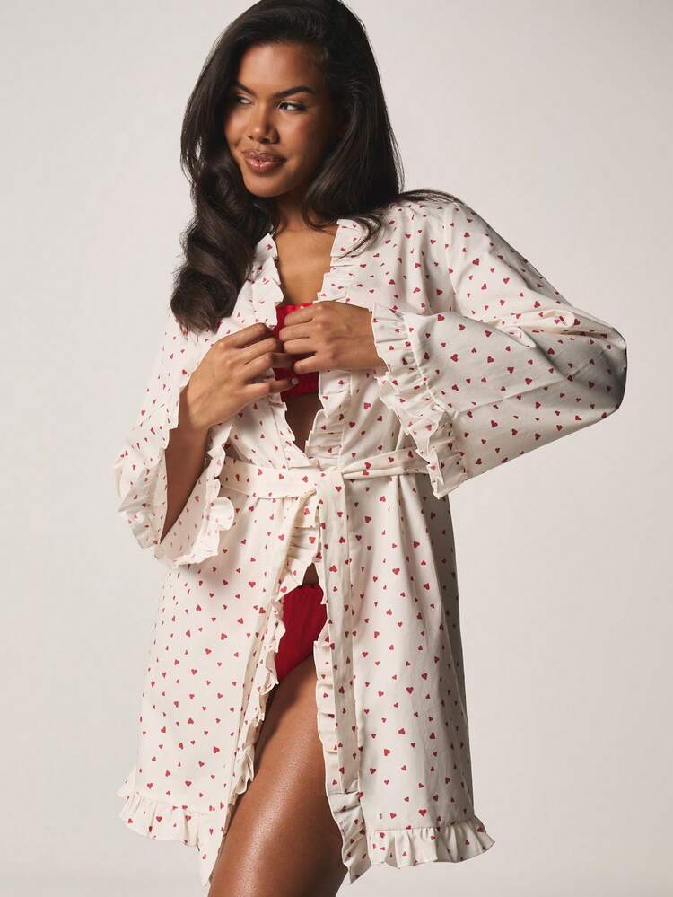 MISSGUIDED Vestaglia in raso con stampa a cuori, maniche lunghe, balze e cintura, abbigliamento da notte e loungewear