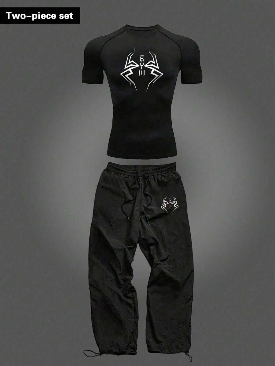 Manfinity Sport Corelite Men's Spider Print Short Sleeve Top And Drawstring Waist Shorts Sports Suit Pants Set Activewear Set Active Wear Sets Short Sleeve Gym Shirt Set Goth Gym Clothes Gym Set Workout Set - Black - View 1