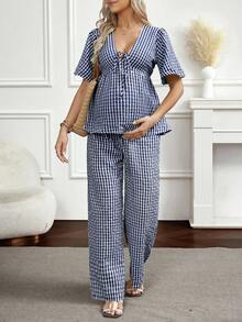 SHEIN 两件套：系带格子衬衫和阔腿裤 - 寶藍色 - 查看 5