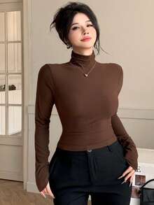 DAZY Top à col roulé manches longues slim fit marron patchwork de couleur unie pour femmes, convient pour l'automne et le printemps - Tabac - Voir 7