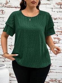 SHEIN Clasi Plus Size Summer Casual Solid Color Textured Short Sleeve Shirt, Summer Tops - Green - View 3