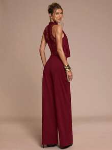 SHEIN BAE Bộ jumpsuit nữ màu trơn cổ khoét sâu phối ren tương phản thanh lịch - Màu Đỏ Sâu - Xem 2
