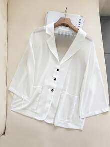 GlowEve Sheer Lapel Mid-Sleeve Single-Breasted Pocket Women Thin Blazer Jacket - White - View 6