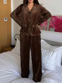 DAZY 2pcs/Set Women Winter Plush Contrast Trim Pajama Set - Brown - View 4