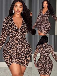 Veslaya 大码豹纹连衣裙，性感V领网纱连衣裙 - 棕色 - 查看 3