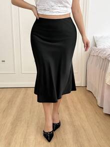 SHEIN EZwear Chân váy satin đen cạp cao cỡ lớn, thích hợp cho các bữa tiệc và hẹn hò, mùa xuân/hè. - màu đen - Xem 5
