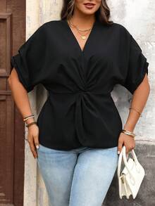 EMERY ROSE Plus Size Women's Elegant V-Neck Short Sleeve Twist Waist Blouse, Suitable For Work, Spring/Summer Curvy Blouses Tie Front Top Plus Size Tie Front Top Christian Black Plus Size Women Blouse Plus Size Black Blouse - Black - View 3