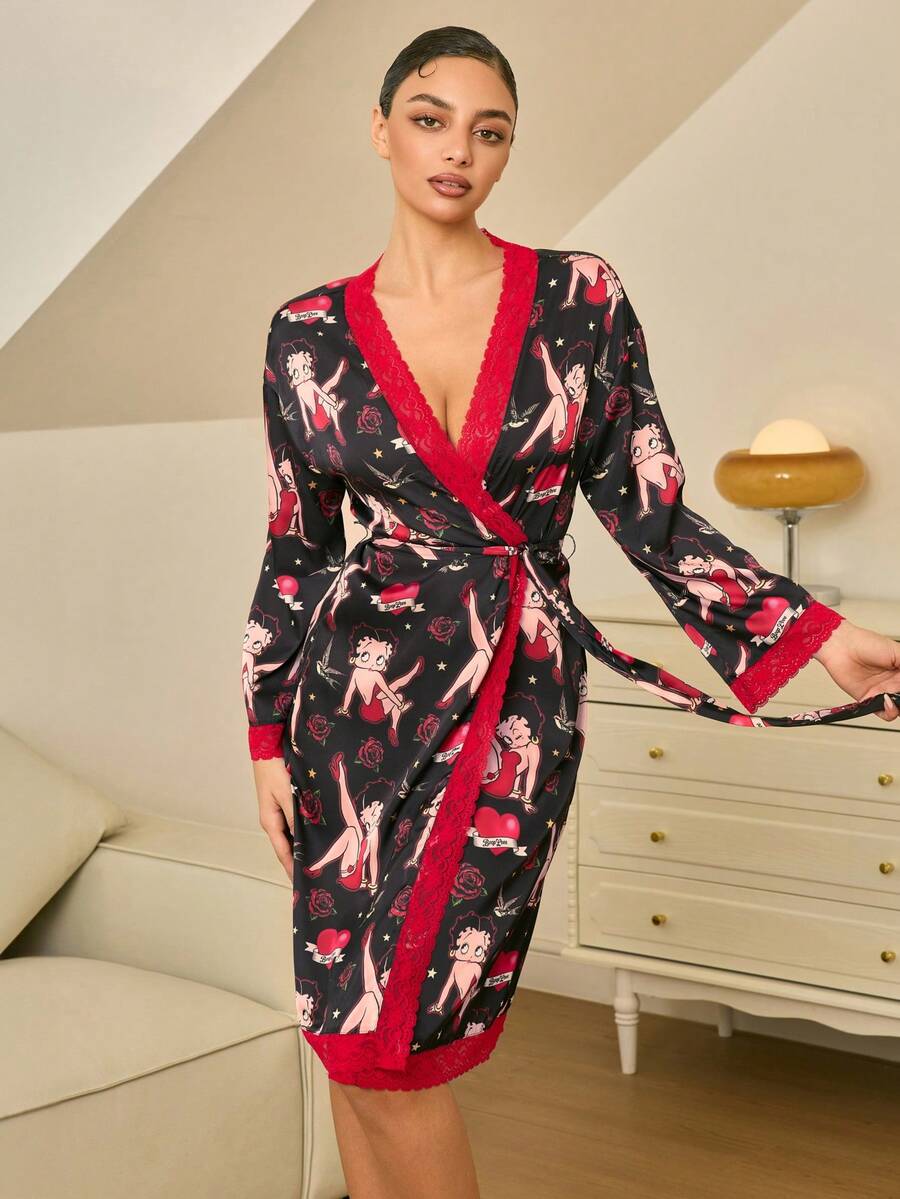 Betty Boop x SHEIN Women's Casual Contrast Lace Allover Print Belted Sleepwear Robe - Black - View 1