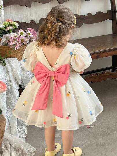 LMoss Kids LMoss Cute Floral Print Tulle Short-Sleeved Dress For Baby Girls, With A Big Bow, Perfect For Parties,فستان دانتيل,فستان ابيض,فستان بنات