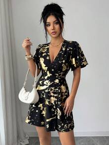 Rafferiza Đầm lửng thanh lịch màu mơ và vàng, cạp chun co giãn, thắt eo, cài chéo phía trước, tay áo cánh bướm, xẻ tà trước, dành cho nữ. - màu đen - Xem 7