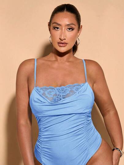 SHEIN BAE Plus Size Women Summer Sweetheart Neckline Knitted Bodysuit With Lace And Ruched Trim Black