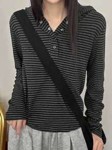 DAZY Women's Retro Minimalist Striped Slim Fit Hoodie T-Shirt, Versatile Design Long Sleeve - Dark Grey - View 5