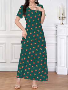 Al Najma 女士碎花V领短袖连衣裙，优雅，春夏款 - 彩色 - 查看 4