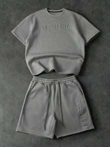 PAVTROS Bộ 2 món thời trang nam trẻ trung, phong cách đường phố, gồm áo thun ngắn tay và quần short cạp chun, dáng rộng, in chữ nổi tối giản, hiện đại, hợp thời trang, mặc hàng ngày, ngoài trời, đa năng, thể thao, mua sắm, quà tặng bạn trai, quà tặng ngày lễ. - Xám - Xem 1