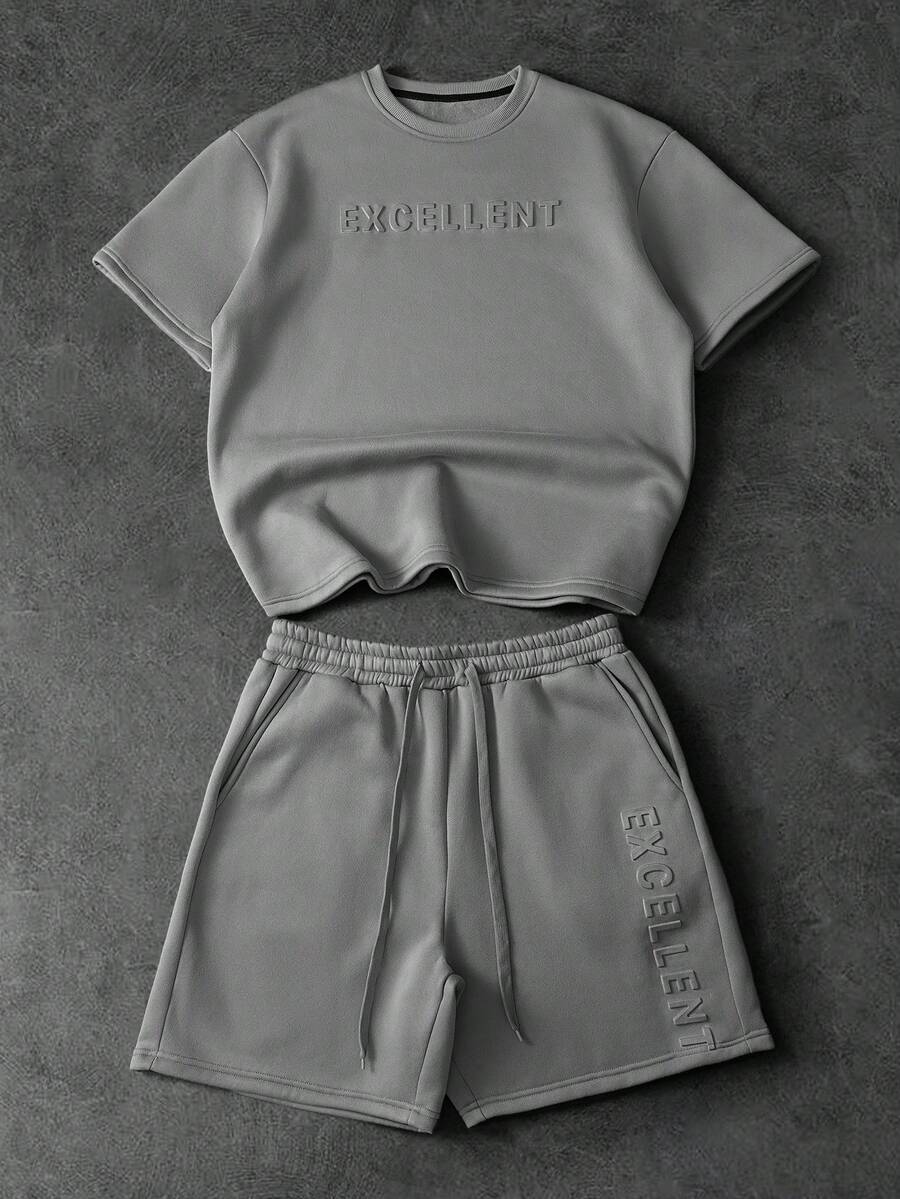 PAVTROS Bộ 2 món thời trang nam trẻ trung, phong cách đường phố, gồm áo thun ngắn tay và quần short cạp chun, dáng rộng, in chữ nổi tối giản, hiện đại, hợp thời trang, mặc hàng ngày, ngoài trời, đa năng, thể thao, mua sắm, quà tặng bạn trai, quà tặng ngày lễ. - Xám - Xem 1