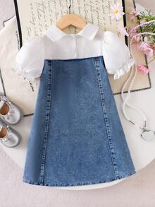 女童象牙色翻领泡泡袖牛仔拼接连衣裙，饰有花朵串珠，优雅时尚的夏季女童装扮 - 白色 - 查看 2