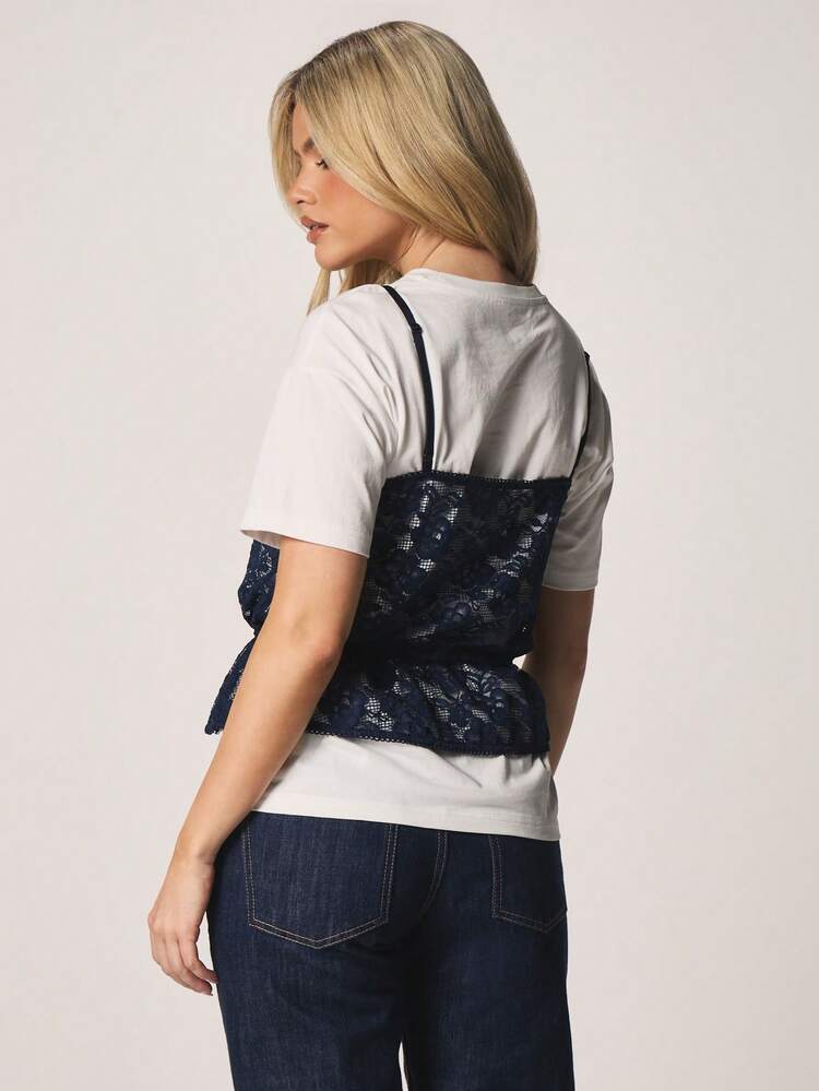 MISSGUIDED Loose Fit Layered Lace Cami With Short Sleeve T Shirt