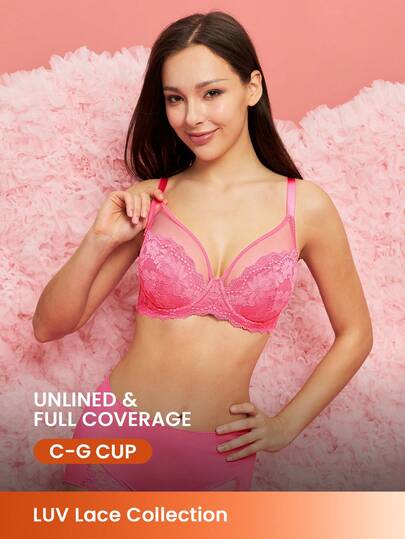 LUVLETTE Mjuka Kvinnaunderkläder Lounge Curve Sheer Fulltäckande Stöd & Andningsbara Bygel Sexiga Ofodrade Minimizer Spets Elegans & Mesh Rosa BH Brudunderkläder Romantiska Alla hjärtans dag-presenter BH