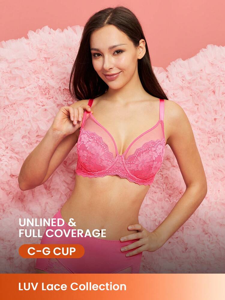 Full Coverage Unlined Mesh & Lace Bra