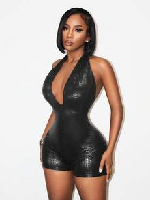 Swim SXY 女士性感纹理露背吊带连体衣 - 黑色 - 查看 1