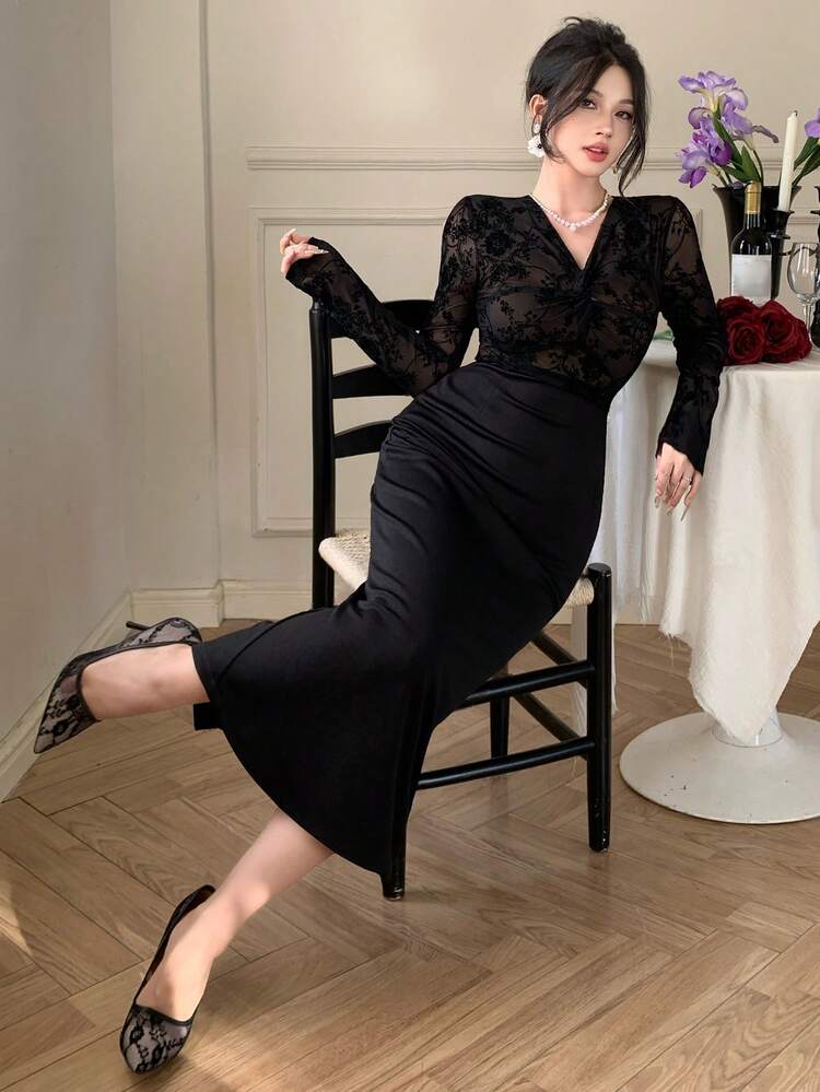 Elegant V-Neck Twist Lace Long Sleeve Dress For Women, Stylish & Charming