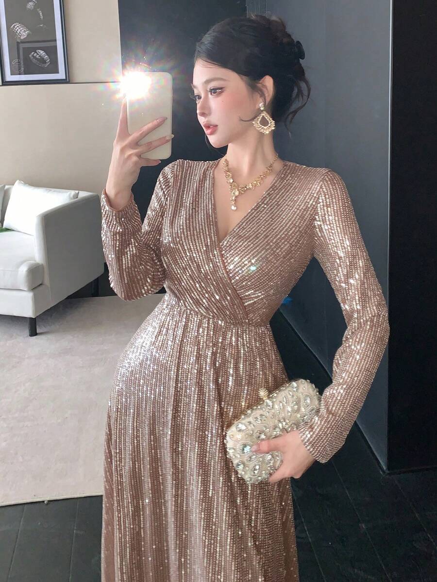 DAZY 优雅亮片连衣裙，高端奢华小众派对礼服，女士嘉年华闪亮连衣裙 - 駝色 - 查看 1