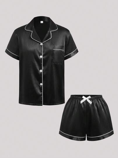 Hourtrue 2 件套缎面睡衣套装，女士短袖缺口领上衣和蝴蝶结短裤睡衣家居服，两件套