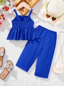 SHEIN LMoss Kids 女婴夏季可爱纯色吊带背心和松紧腰裤套装 - 藍色 - 查看 2