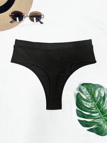 Swim Basics 女士纯色性感比基尼泳裤丁字裤 - 黑色 - 查看 3