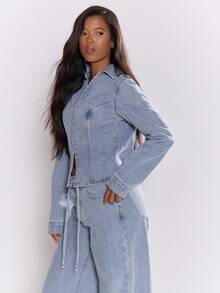 MUSERA 修身钩眼细节收腰长袖牛仔夹克，街头风可爱优雅休闲性感外出秋季太妃糖色时尚春夏款 - 淺色水洗藍 - 查看 4