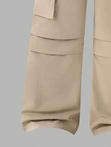 SHEIN ChillGRL 两件套：少女休闲时尚可爱蝴蝶结刺绣短袖上衣和多口袋工装裤 - 卡其色 - 查看 6