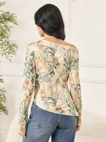 Modelyn Women's Elegant Floral Print Asymmetrical Neck Ruffle Fitted T-Shirt, Vacation Style Women Long Sleeve Tops Longsleeve Tops Aesthetic Tops Western Tops Summer Long Sleeve Tops - Multicolor - View 6