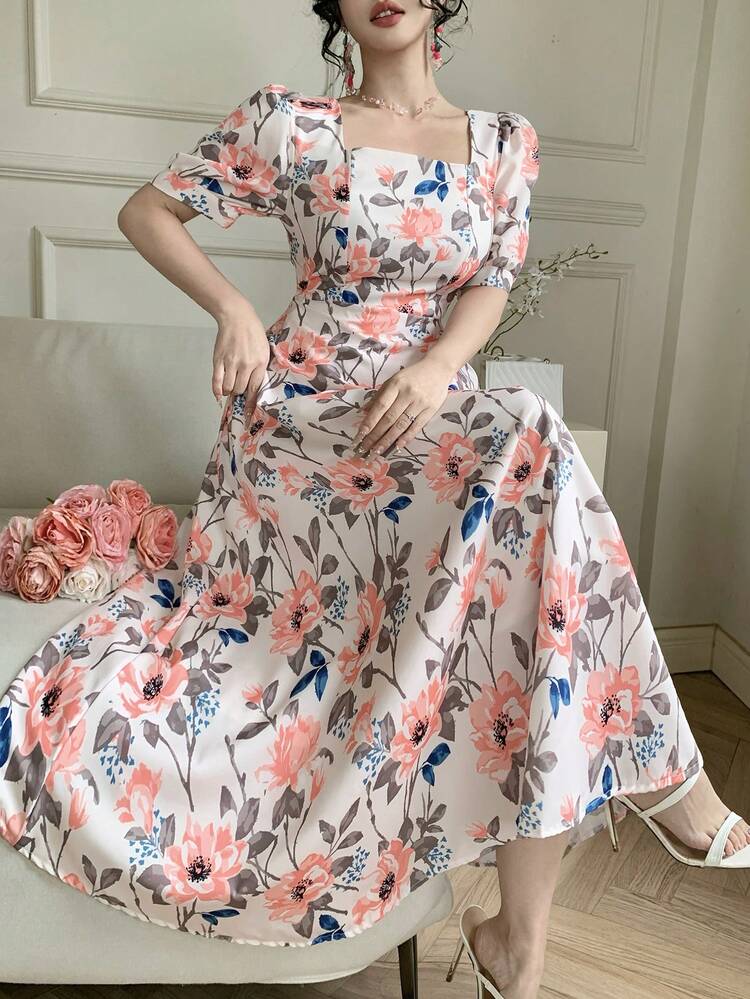 Women's Elegant Floral Print Square Neck Puff Sleeve Dress, Summer Wedding Guest Dress Sundress