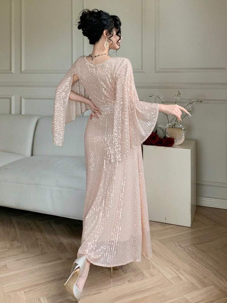 Women's Elegant Sequin V-Neck Ruffle Sleeve Dress, Summer Carnival Wedding Guest Dress Sparkly Dress Maxi Dress Sundress