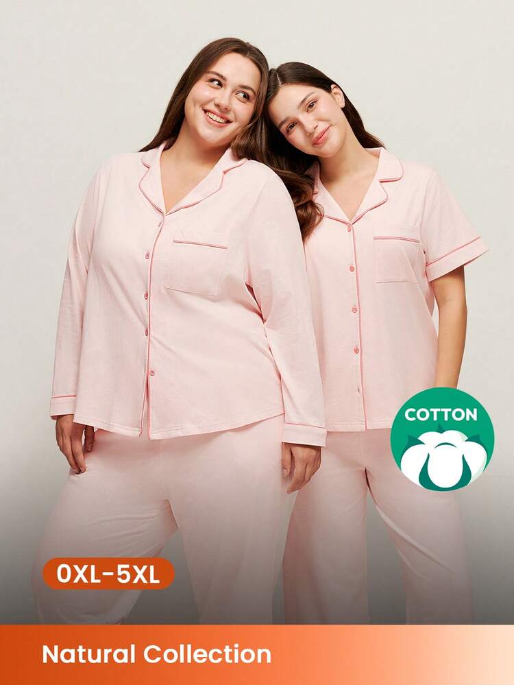 Plus Cotton Button-Up Top & Pants PJ Set