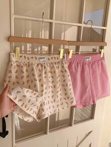 CovetEZ 2 Pcs Women's Elastic Waist Striped Print Patch Casual Versatile Shorts Sleepwear Shorts Croissant Print Shorts Striped Shorts Pajama Shorts Cute Shorts Comfortable And Sweet Shorts For Casual Wear At Home; Loose Fit; Stylish And Versatile. - Multicolor - View 1