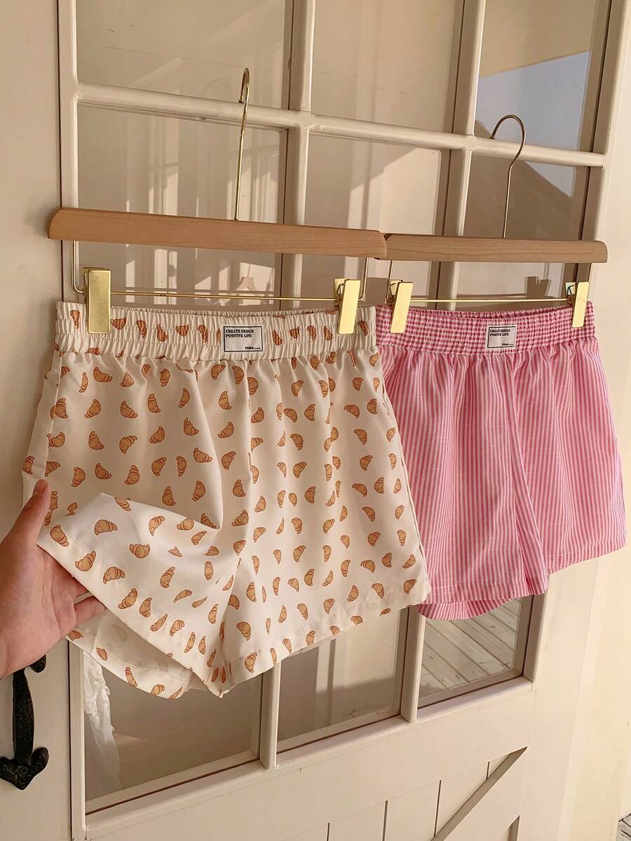 CovetEZ 2 Pcs Women's Elastic Waist Striped Print Patch Casual Versatile Shorts Sleepwear Shorts Croissant Print Shorts Striped Shorts Pajama Shorts Cute Shorts Comfortable And Sweet Shorts For Casual Wear At Home; Loose Fit; Stylish And Versatile. - Multicolor - View 1