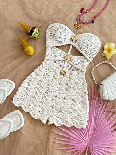 Soleia Women's Romantic Sexy Strapless Hollow-Out Metallic Patchwork Backless Romper, Suitable For Dates, Afternoon Tea, Music Festivals, Boho, Beach Vacations, Summer Knitted Bathing Suit Valentine's Day Sexy Outfit Ideas,Mardy Gras Music Festival Outfit, Casual Vacation Outfit