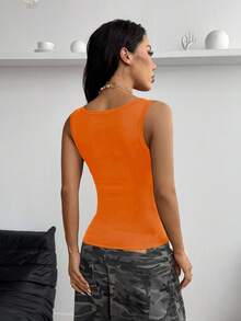 StreetHx 女士黑色百搭通勤U领银色英文字母印花街头风修身吊带背心，春夏款 - 橘色 - 查看 2