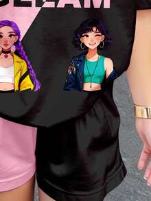 SHEIN 两件套女童粉色撞色暗夜黑卡通女孩肖像休闲简约短袖上衣和短裤，可爱夏季外出装，夏季童装，韩版风格，返校季，舒适时尚，春夏外出装，休闲服饰，婴幼儿印花上衣，夏季新款，春夏时尚 - 彩色 - 查看 5